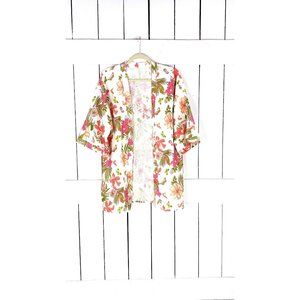 Vintage linen blend ivory pink tropical floral boxy cardigan kimono blazer
